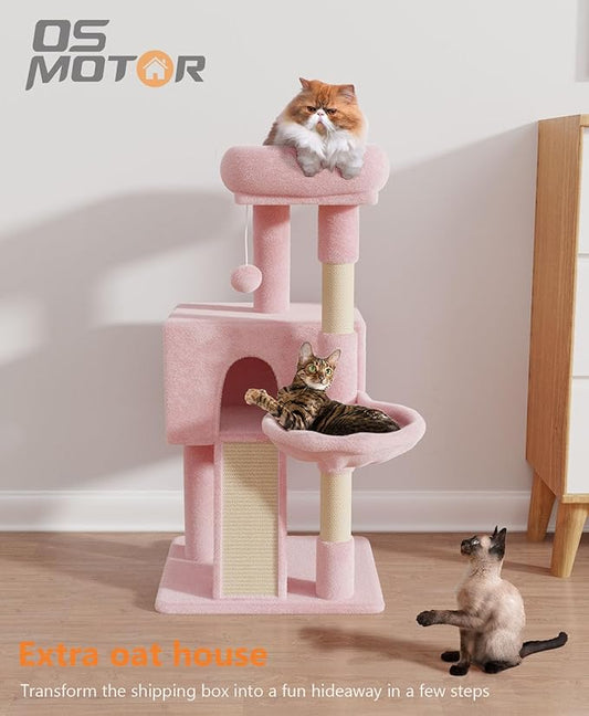 OS MOTOR Cat Tree Tower for Indoor Cats Large Adult,Cute/Tall Modern Cat Tree for Big Cats 20 lbs,Plush Multi-Level Cat Condo with Scratching Posts,Hammock, Dangling Ball (Soft Pink, 36 inch)