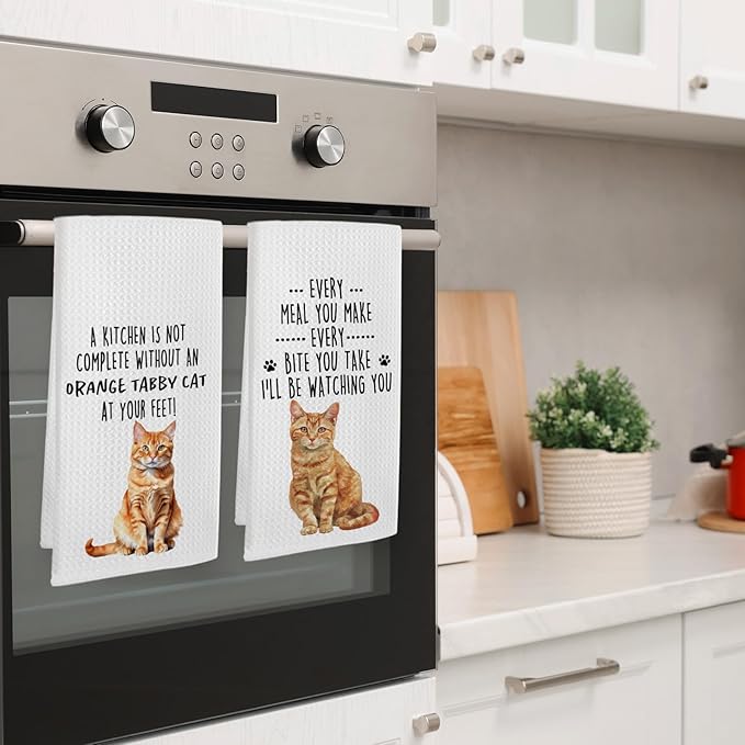 Funny Orange Tabby Cat Kitchen Towels, Orange Cat Mom Lady Lovers Gifts for Women Hand Towels, Gifts for Pet Lovers Dishcloths Dish Towel for Kitchen 16x24 Inches Set of 2