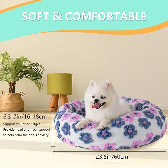 23 Inch Calming Dog Bed for Small Dogs Cats, Kitty Puppy Round Anti-Anxiety Warm Bed, Soft Cozy Anti-Slip Donut Washable Pet Bed, Fits up to 30 lbs Pets