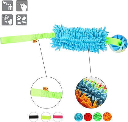 Dingo tug Toy for Dog, for Outdoor Indoor Play and tug of war, Bungee Handle, Soft Shaggy Nubby Like Plush Noodle and TPR Rubber Ball, Blue 15587