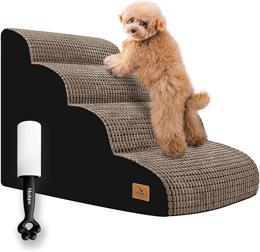 Dog Stairs Ramp for Small Dogs, 4 Step Dog Steps for Bed, 20.5'' H Curved Foam Pet Steps with Durable Non-Slip Waterproof Fabric Cover, Pet Stairs for Pets Joints, Brown