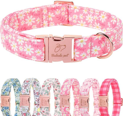 Dainty Daisy Dog Collar, Spring/Summer Pink Floral Girl Dog Collars, Adjustable Heavy Duty Cottagecore Female Dogs Collar for Small Medium Large Dogs with Metal Buckle S