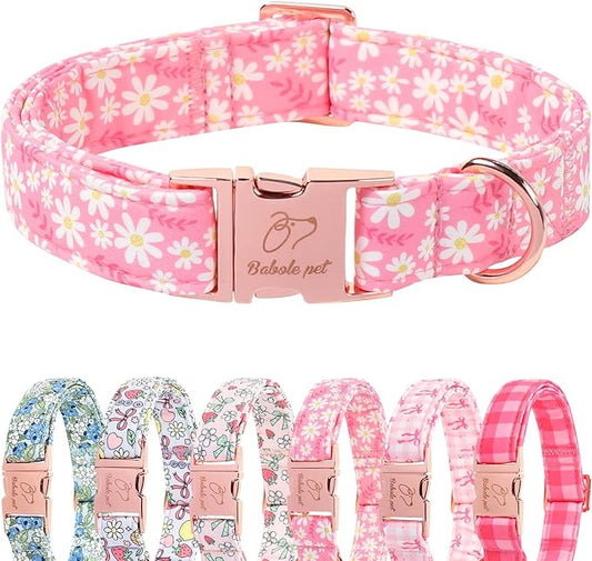Dainty Daisy Dog Collar, Spring/Summer Pink Floral Girl Dog Collars, Adjustable Heavy Duty Cottagecore Female Dogs Collar for Small Medium Large Dogs with Metal Buckle M