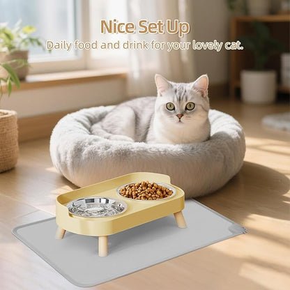 Elevated Cat Bowl with Food Mat, Raised Cat Food and Water Bowl Set for Indoor Cats, Splash Proof with 2 Stainless Steel Pet Food Bowls for Cat and Puppies,Whisker Fatigue and Dishwasher Safe (Yellow)