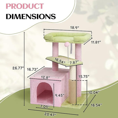 Outvita Cat Tree 27.5in Small Cat Tower, Multi-Level Cat Tree Tower with Cat Scratching Post and Pad, Cozy Cat Condo, Padded Top Bed for Kittens and Indoor Cats, Pink & Green