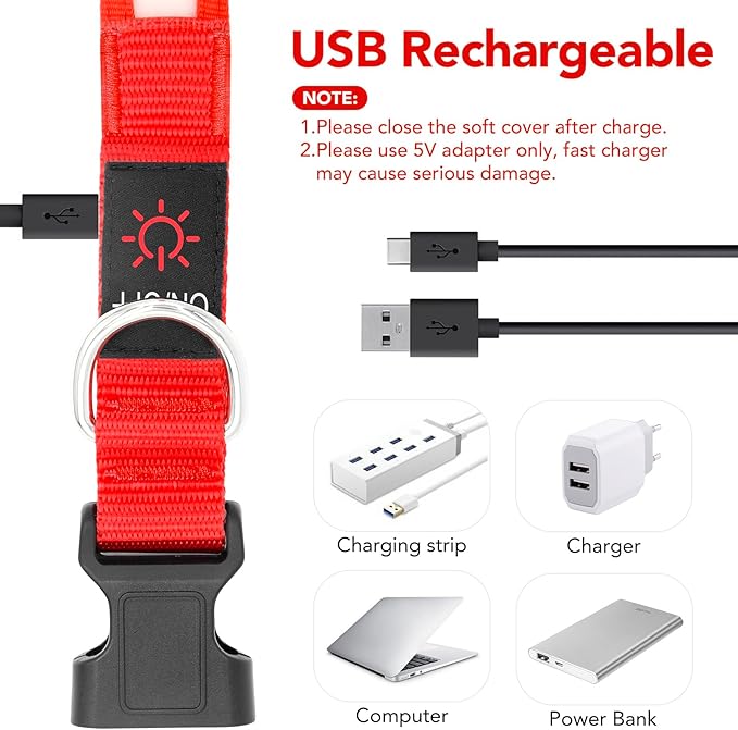 Vizpet LED Dog Collar, Light Up Dog Collar Adjustable USB Rechargeable Super Bright Safety Light Glowing Collars for Dogs(Medium,Red)