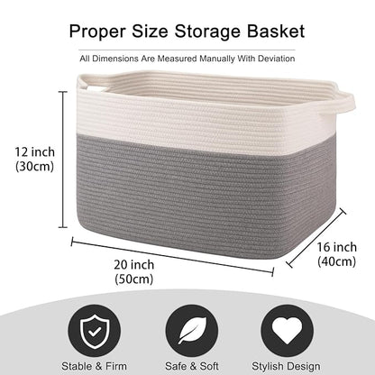 OIAHOMY Large Storage Basket, Cotton Rope Woven Blanket Basket, Toy Bin for Baby Room, Container for Blanket Storage in Living Room, 20''×16''×12'', Grey & White