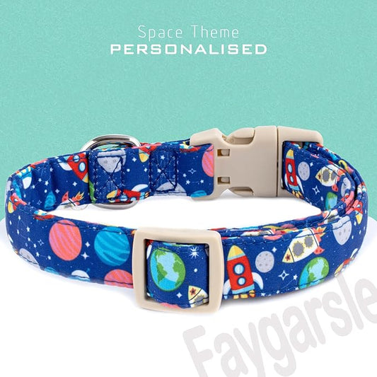 Faygarsle Space Theme Dog Collar, Navy Blue with Rockets and Planets Pattern for Summer Small Medium Large Dogs S