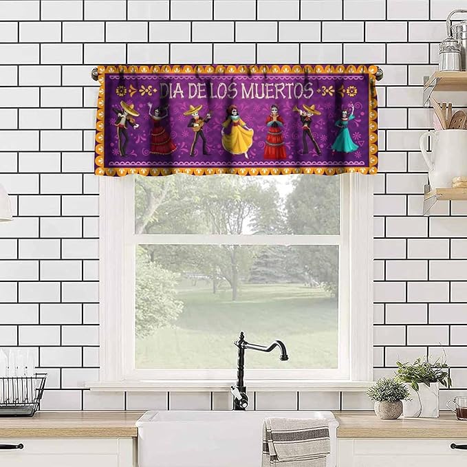 Mexican Style Valances Curtain for Kitchen, Dia De Los Muertos Carnival Holiday Musicians Pattern Window Treatment Valances Short Curtains Rod Pocket Drape for Dining Room Home Decor, 54x18inch