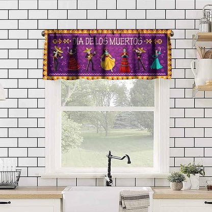 Mexican Style Valances Curtain for Kitchen, Dia De Los Muertos Carnival Holiday Musicians Pattern Window Treatment Valances Short Curtains Rod Pocket Drape for Dining Room Home Decor, 54x18inch
