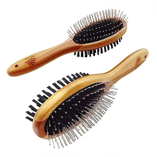 Double Sided Dog Brush - for Long or Short Haired Dogs and Cats Natural Bamboo Eco Friendly Pet Grooming Dual Sided Pin and Bristles for Deshedding Hair