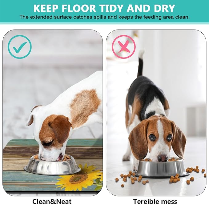 Dog Food Mats for Floors Absorbent, Cat Food Mat - Pet Cat Feeding Mat Quick Dry, Dog Bowl Mats for Water, Pet Supplies Feeding Placemat 12" x 20" Sunflower