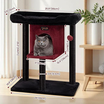 Cat Tree Tower Scratching Post for Indoor Large Cats, Small Cat Tree with Big Perch Bed, 28in Tall Trees House with Condo Cave, Toy Balls, Modern Climbing Furniture Platform for Kitten (Black)