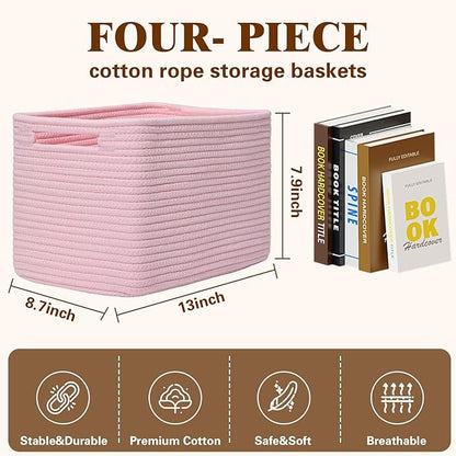 Storage Baskets for Organizing, 4 Pack Baskets for Shelves, Decorative Storage Bins for Shelves, Cotton Rope Storage Basket with Handles, Woven Basket for Storage, 13''Lx8.7''Wx7.9''H, Pink