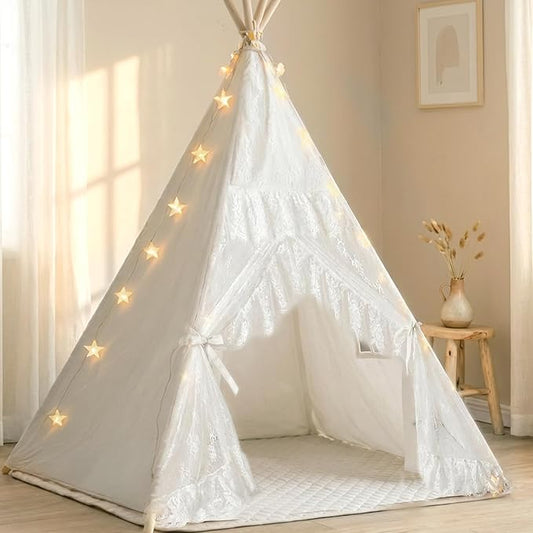 Kids Teepee Tent with Starry Lights, Ground Mat and Pockets, Teepee Tent for Kids Indoor & Outdoor Use, Foldable Play Tents for Boys & Girls, Washable Toddler Playhouse for Birthdays & Holidays