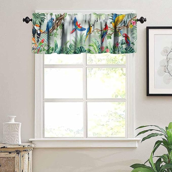 Tropical Birds Window Valance Curtains, Asian Oriental Bird Parrot Leaves Watercolor Boho Floral Plant Nature Spring Summer Valance Curtain for Farmhouse Bedroom Living Room Kitchen 54x18inch