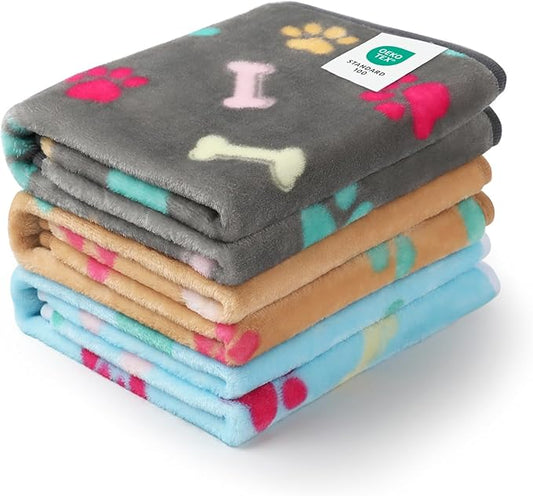 Luciphia 1 Pack 3 Blankets Fluffy Premium Fleece Pet Blanket Flannel Paw Printed Throw for Dog Cat(Large 41x31'', Grey/Brown/Blue)