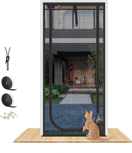 Reinforced Cat Screen Door,Fits Door Opening Size 34''x 81'',Thickened Cat Resistant Mesh Screen Door for Living Room,Kitchen,Bedroom,Cat Proof Screen with Zipper Closure.