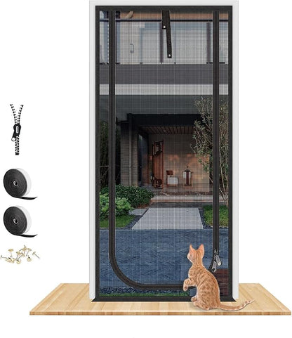 QWR Upgraded Pet Screen Door Fits Opening Door Up to 36"x84",Heavy Duty Cat Proof Mesh Screen Door with Zipper Closure,Prevent Cats Running Out from Home,Bedroom,Living Room,Kitchen(U-Type,Black)