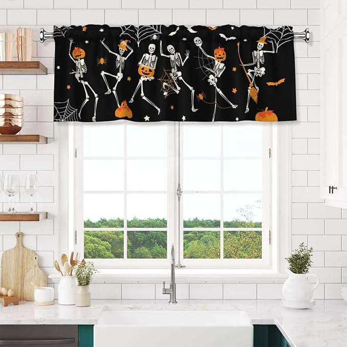 Halloween Skeleton Curtain Valance Short Rod Pocket Window Treatment for Living Room Bedroom Kitchen Bathroom 1 Panel 54" W x 18" L