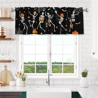 Halloween Skeleton Curtain Valance Short Rod Pocket Window Treatment for Living Room Bedroom Kitchen Bathroom 1 Panel 54" W x 18" L
