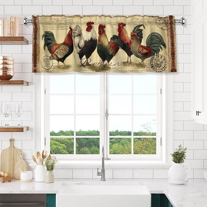Worltoldb Vitange Chicken Curtain Valance Short Rod Pocket Window Treatment for Living Room Bedroom Kitchen Bathroom 1 Panel 54" W x 18" L