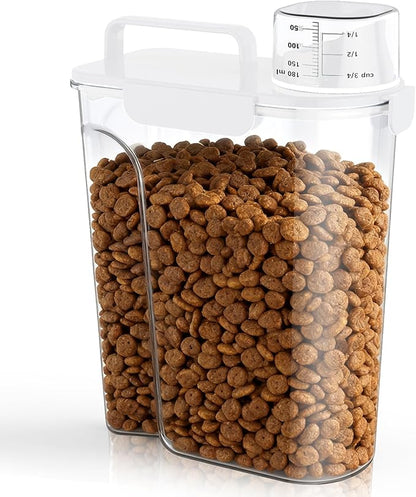 Dog Cat Food Storage Container, 5-7Lbs Pet Food Containers, Airtight Cat Food Container with Portable Handle & Measuring Cup, Small Animal Dry Food Dispenser for Dogs, Cats and Birds White