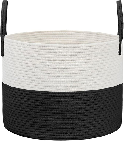 115L Extra Large Blanket Basket for Living Room - Woven Cotton Rope Laundry Hamper with Reinforced Handles - Storage Bin for Pillows, Comforters & Toys - Machine Washable,White&Black