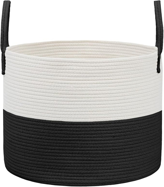 65L Extra Large Blanket Basket for Living Room - Woven Cotton Rope Laundry Hamper with Reinforced Handles - Storage Bin for Pillows, Comforters & Toys - Machine Washable,White&Black