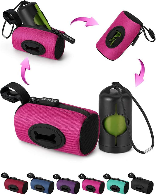Gobeigo【Easy Pull-Out Version】 Dog Poop Bag Holder,【2-in-1 Hard Plastic Insert & Soft Fabric Bag】Snap-On Strap Dispenser Fits Retractable and Standard Leashes with 1 Roll Bags (Hot Pink)