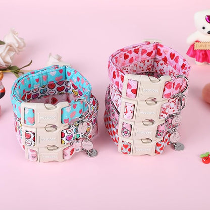 DOGWONG Valentine's Dog Collar - Blue Heart Adjustable Cotton Heart Dog Collar - Perfect for Small to Medium Dogs