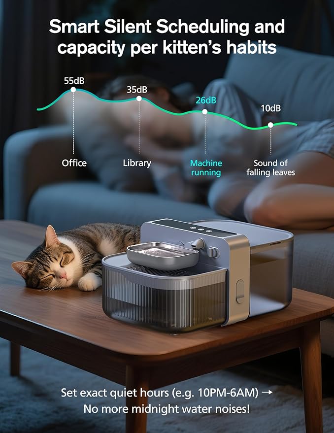 Chumajor 3.5L Wireless Cat Water Fountain with No Filters, 180-Day Battery & Precision Flow Control,Smart Pet Water Dispenser with Wastewater Separation & Custom Scheduling for Cats & Dogs, Grey