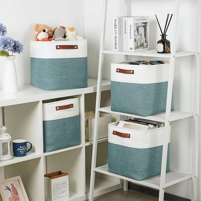 DULLEMELO Set Of 4 Cube Storage Bins, Fabric Storage Basket for Shelves Closet Nursery Toy Storage, 12 inch Fabric Storage Cubes Bins Canvas Organization Baskets (White&Deep Green)
