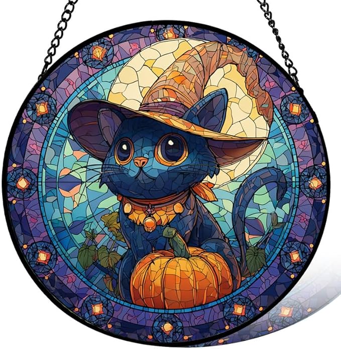 Stained Glass Window Hanging， Black Cat & Birds 9.8in Sun Catchers Indoor Window， Core Decor Inside and Outside The Cottage， Fall Autumn Leaves Decor， Gifts for Women， Home Decor