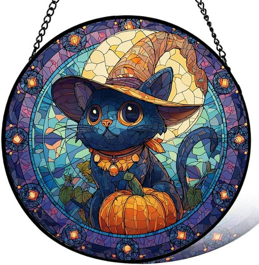 Stained Glass Window Hanging， Black Cat & Birds 11.8in Sun Catchers Indoor Window， Core Decor Inside and Outside The Cottage， Fall Autumn Leaves Decor， Gifts for Women， Home Decor