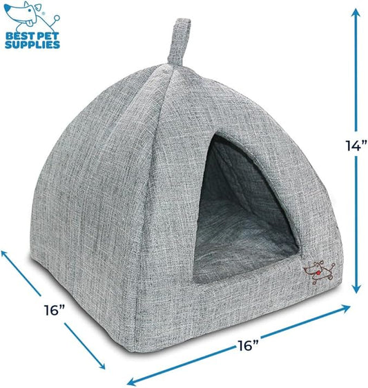 Best Pet Supplies Dog House Bed Crate Mat Tent Indoor Round Soft Plush for Small, Medium, and Large Breeds - Gray Linen, 16" x 16" x H:14"