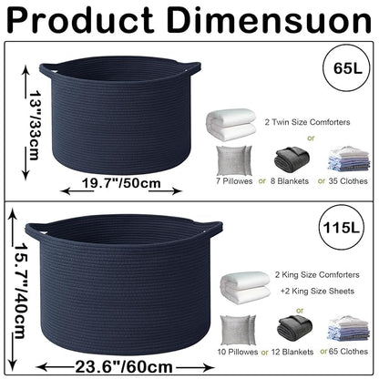 115L Large Blanket Basket,23.6" L x 23.6" W x 15.7" H Rope Woven Baskets with Handles, Toys Storage Bins,Laundry Basket Perfect for Living Room, Nursery,Bedroom,Home Organization,Dark Blue