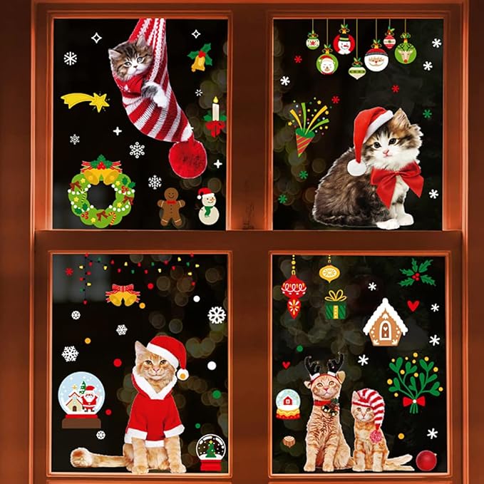 Christmas Window Clings Cat Dog Stickers for Window Glass, 290 PCS 18 Sheets Xmas Decals Decorations Christmas Cat Tree Bells Decals for Holiday Party(Dog and Cat)
