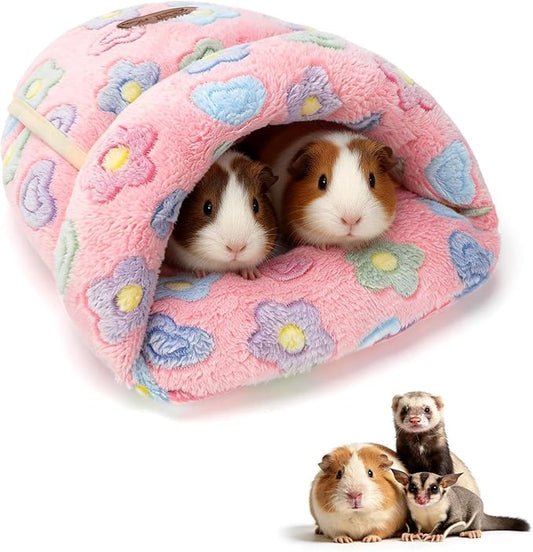 YUEPET Guinea Pig Bed Cuddle Cave Warm Fleece Cozy House Bedding Sleeping Cushion Cage Nest for Small Animal Squirrel Chinchilla Hedgehog Cage Accessories(Pink Flower