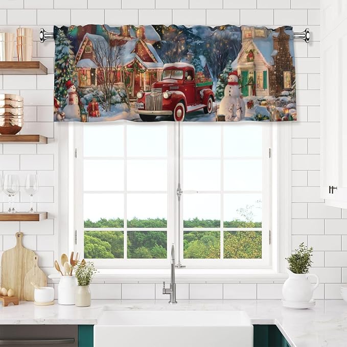 Worltoldb Christmas Red CarCurtain Valance Short Rod Pocket Window Treatment for Living Room Bedroom Kitchen Bathroom 1 Panel 54" W x 18" L
