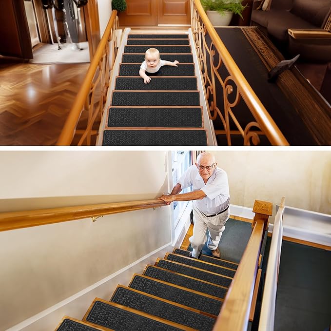 4Pcs Stair Treads for Wooden Steps Indoor with Self Adhesive, 8"x30" Non Slip Stair Runners-Peel & Stick Indoor Stair Carpet Runner, Resistant Indoor Runner for Kids、Elders and Pets,Black