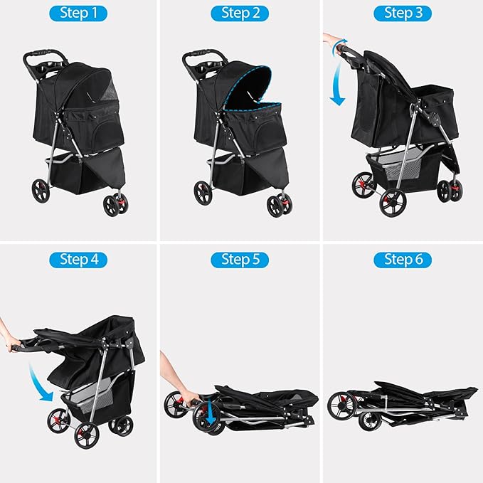 LEMY 3 Wheels Pet Dog Cat Stroller for Small Medium Dogs Cats,Black Foldable Jogger Travel Puppy with Detachable Carrier