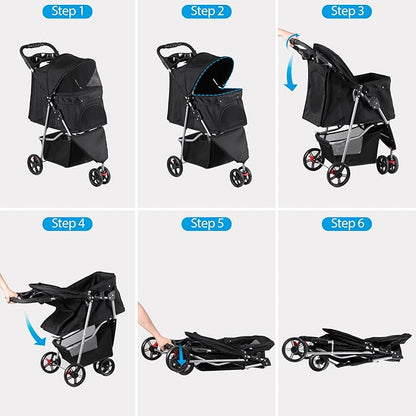 LEMY 3 Wheels Pet Dog Cat Stroller for Small Medium Dogs Cats,Black Foldable Jogger Travel Puppy with Detachable Carrier