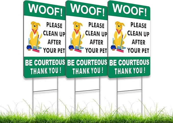 3X Double Sided 12x8 Please Clean Up After Your Pet Sign - Lawn Fun Pet Plastic Signs - Collect Dog Poo and Don't Wet Also No Dogs Poo for the Yard - Signs to Curb Your Dog with Metal H-Shaped Stakes
