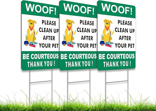 3X Double Sided 12x8 Please Clean Up After Your Pet Sign - Lawn Fun Pet Plastic Signs - Collect Dog Poo and Don't Wet Also No Dogs Poo for the Yard - Signs to Curb Your Dog with Metal H-Shaped Stakes