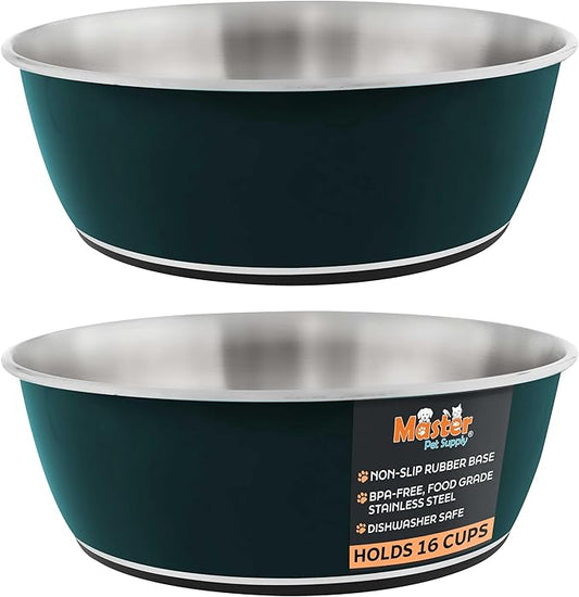 Master Pet Supply Stainless Steel Dog Bowls Set of 2 (128 Oz Each) with Non-Slip Rubber Base - Emerald Sea - Basic Dog Food Bowl Water & Food Bowls for Small Medium Large Dogs & Cats, Metal Dish