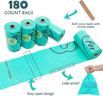 Dog Waste Bags Holder with LED Flashlight Doggie Poop Bags Dispenser with 13 Rolls Blue Leak-Proof Pet Trash Bags and Dog Walking Accessories (Crystal Blue)
