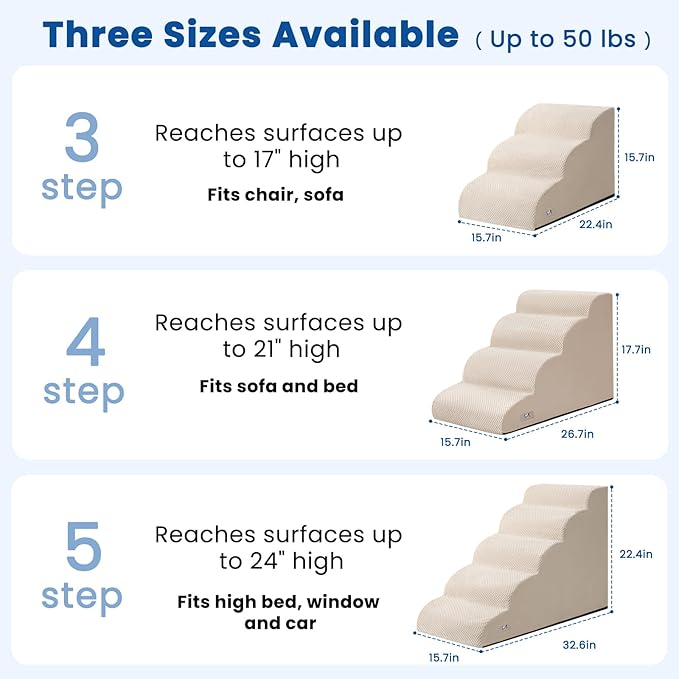 Dog Stairs for Small Dogs and Cats – 3 Step Pet Ramp for Couch & Sofa, Non-Slip Dog Steps for Pets, Washable Cover, High-Density Support Foam for Easy Climbing,Beige