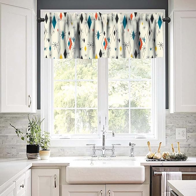 Mid Century Window Valance Curtains, Vintage Modern Abstract Geometric Pattern Retro Atomic Starburst 50s 60s Curtain Valance for Bedroom Living Room Kitchen 54x18inch