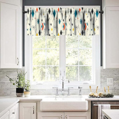 Mid Century Window Valance Curtains, Vintage Modern Abstract Geometric Pattern Retro Atomic Starburst 50s 60s Curtain Valance for Bedroom Living Room Kitchen 54x18inch